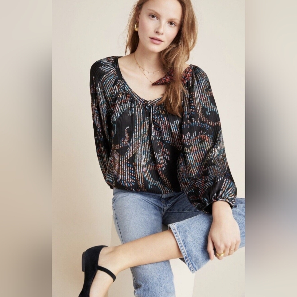 Anthropologie Maeve Madeira Multicolor Burnout Long Sleeve Satin Blouse Size L